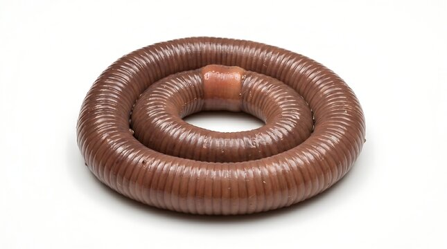 A single earthworm curled into a circular shape on a white background.