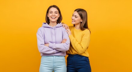 Fototapeta premium Two happy young women smiling together against a bright yellow background
