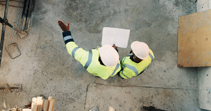 People, architect or pointing with blueprint on construction site above for building design. Top view, contractor or civil engineer with documents, paper or floor plan for architecture development