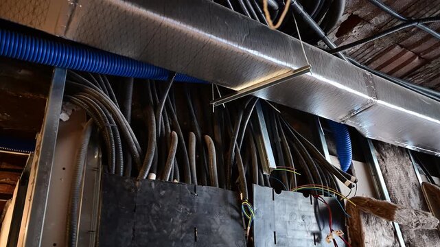 Electrical wires and insulation inside a wall during renovation