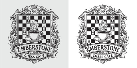 Emberstone Chess Cafe Shield Emblem with Steaming Coffee © Hamdani