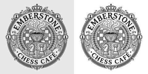 Emberstone Chess Cafe Vintage Round Coffee Logo Design © Hamdani