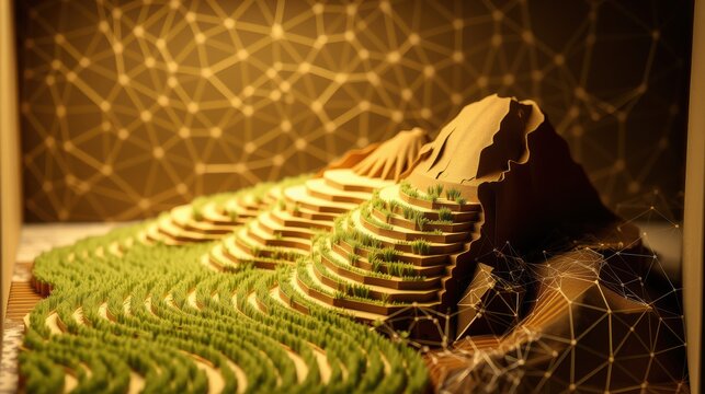 Terraced landscape model glows warmly. Geometric backdrop complements sculpted fields, creating striking visual contrast. Detailed design.
