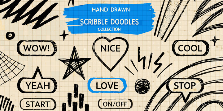 Hand Drawn Scribble Doodles Collection Vector Illustration Black And White