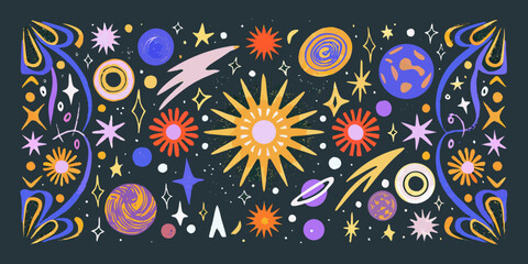Cosmic Scene With Stars And Planets Illustrated Vector Pattern © Nova
