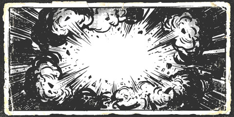 Comic book style explosion effect in black and white with speed lines and clouds © md