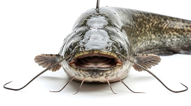 Close up front view of a large catfish isolated on white background.