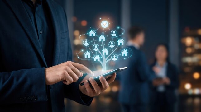 Dark Corporate Real Estate Workflow Concept: Businessman Tracking Property Transactions on Smartphone with Connected Tree Graph Nodes