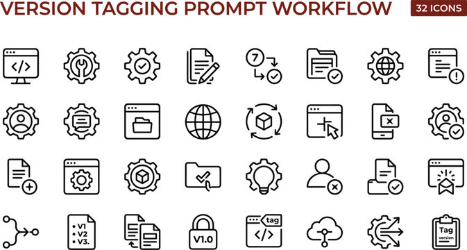 Version tagging prompt workflow icon set for AI interface, digital tools, content management, business productivity, and user workflow