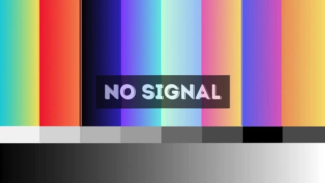 Vibrant television screen with classic test pattern display indicating a 'no signal' broadcast error, symbolizing technical difficulties
