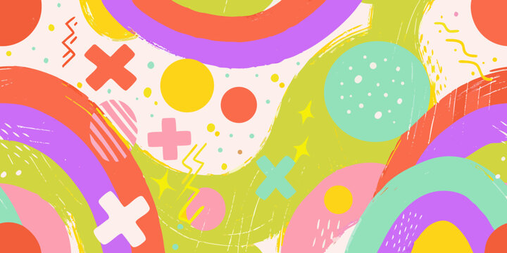 Colorful abstract vector pattern with circles crosses and wavy lines