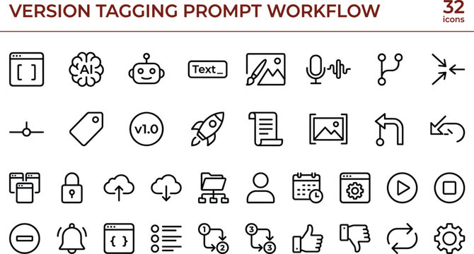 Version tagging prompt workflow icon set for AI interface, digital tools, content management, business productivity, and user workflow