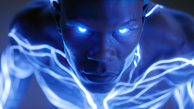 African american man with glowing neon light eyes and energy lines on body. Cybernetic cyborg character portrait. Futuristic technology and science fiction concept. Digital data stream.