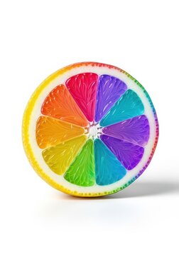 Vibrant Rainbow Citrus Fruit Slice Isolated on White Background - Conceptual Art of Colorful Orange Segments