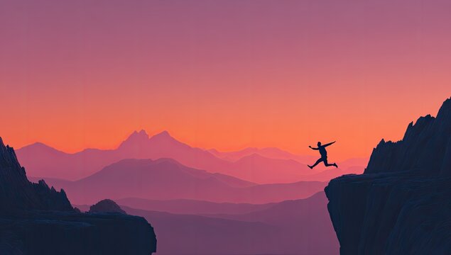 Figure leaps across a vast mountain chasm at sunset