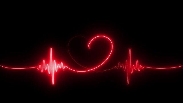 Abstract glowing neon Cardiogram in heart shape heartbeat heat pulse glowing red neon light loop animated background. 4k animation.