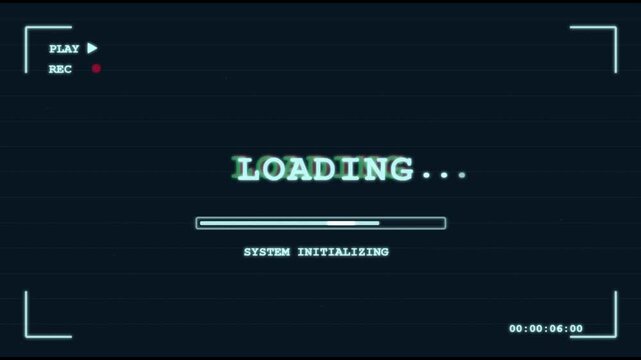 Retro loading screen with VHS glitch effect, vintage computer system initializing progress bar, analog camera viewfinder overlay with recording icons