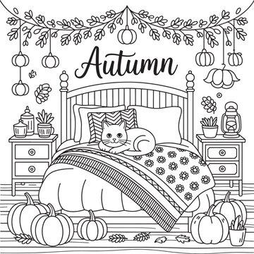 Cozy autumn bedroom scene with cat and pumpkins coloring page vector illustration line art royalty
