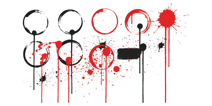 Set of hand drawn ink circles with red and black paint splatters and drips