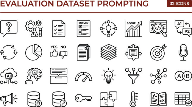 Evaluation dataset prompting icon set for AI workflow, data analysis, business productivity, content management, and digital tools