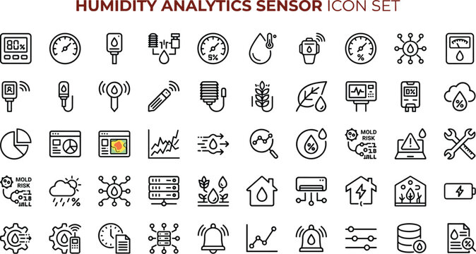 Humidity Analytics Sensor Outline Vector Icon Set for Environmental Monitoring Climate Control and Smart Systems