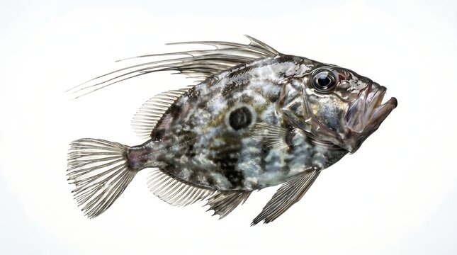 A detailed studio shot of a John Dory fish isolated on a white background.