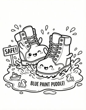 Cute sturdy lab boots mascot splashing in a paint puddle with safe sign, safety cartoon outline illustration for kids coloring book.