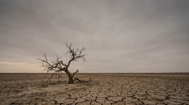 A solitary, gnarled, dead tree stands defiantly in a vast, cracked, arid desert landscape under a somber, overcast sky.