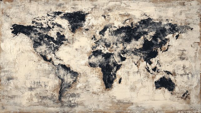 Abstract, textured world map in muted tones with dark continents