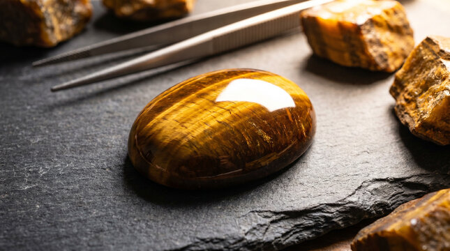 Polished Tiger's Eye gemstone cabochon surrounded by raw unpolished minerals on dark slate.