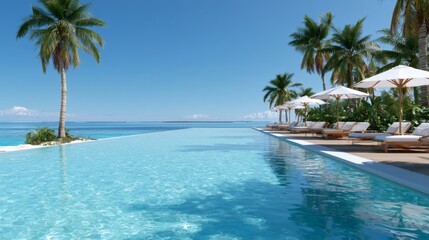 Fototapeta premium Luxury tropical infinity pool with palm trees white loungers and panoramic ocean view