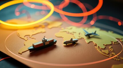 Fototapeta premium Global map displays military vessels, submarine, aircraft. Bright light trails suggest movement, connectivity, strategic operations.