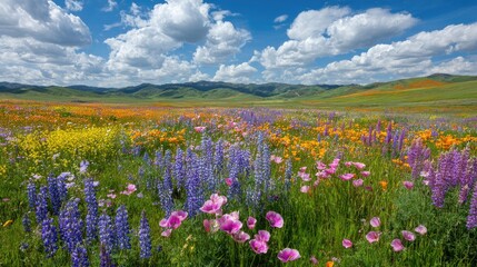 Obraz premium Vibrant wildflower meadow under a blue, cloud-filled sky