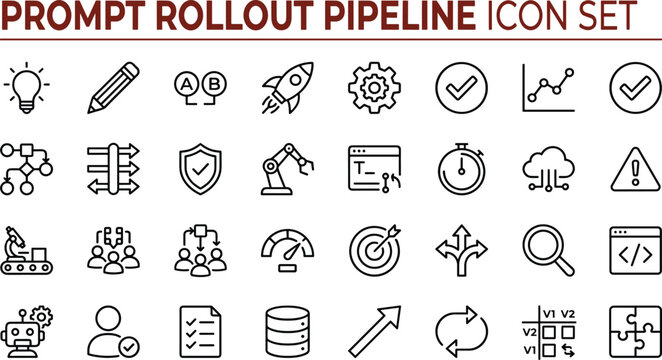 Prompt Rollout Pipeline Outline Vector Icons for AI Deployment Testing Monitoring and Workflow Automation