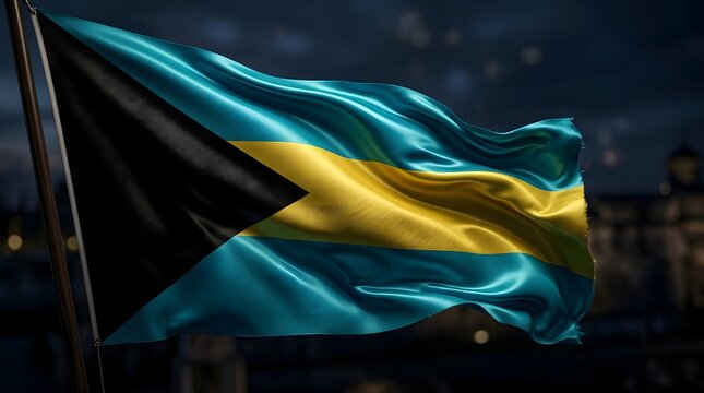 The Bahamian flag waves proudly outdoors at night in a city.