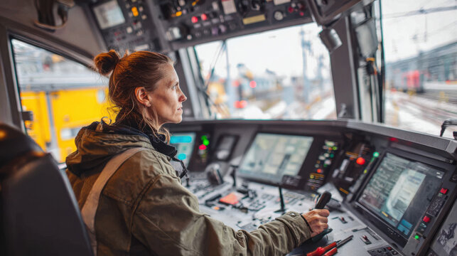 Woman operating train controls in a locomotive cabin with various buttons and screens