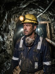 Obraz premium Underground miner working in active mine tunnel, Experienced miner standing inside underground mine tunnel, wearing helmet with headlamp, protective workwear and respirator, industrial extraction site