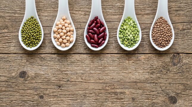 Variety of Assorted Legumes and Pulses in Spoons on Rustic Wood Background