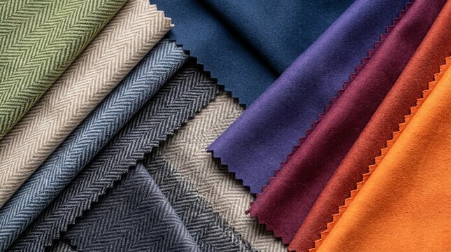Assorted Colorful Fabric Swatches with Herringbone Pattern and Suede Texture