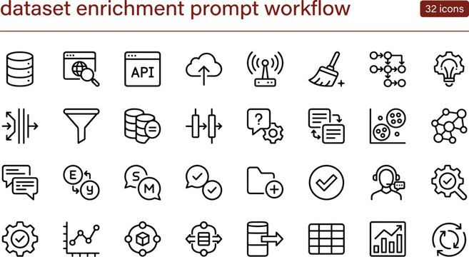 Dataset enrichment prompt workflow icon set for AI interface, digital tools, data analysis, business productivity, and content management