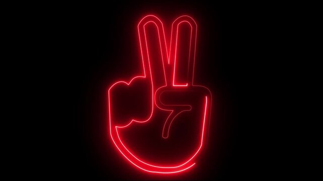 Neon Victore sign red icon animation, Glowing hand with two fingers in piece gesture on dark background