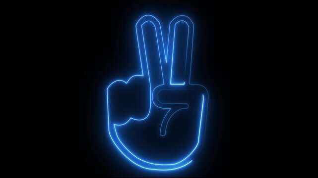 Neon Victore sign red icon animation, Glowing hand with two fingers in piece gesture on dark background