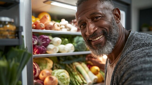 A smiling senior man standing in front of a refrigerator filled with fresh vegetables
