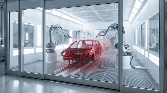 Robotic arms precisely spraying red paint onto a car body shell within a pristine industrial facility. Modern automotive manufacturing process, advanced automation.