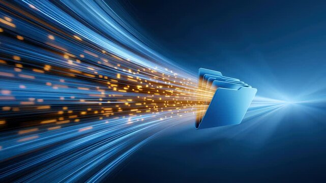 File transfer folder sending digital data stream with glowing particles blue motion lines conveying secure fast file transfer
