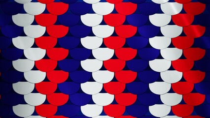 Red, blue, and white fish scale shapes overlapping in a dynamic textured pattern as a 3D abstract illustration. © Zulfikar