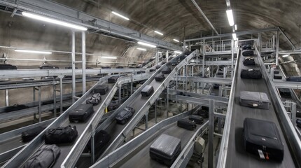 Fototapeta premium Suitcases and bags are moving on a complex network of conveyor belts. Automated baggage handling system in an industrial facility.