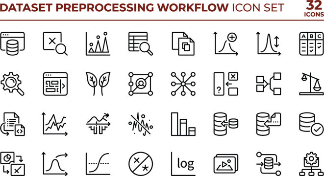 Dataset preprocessing workflow icon set for AI interface, digital tools, data analysis, business productivity, and content management