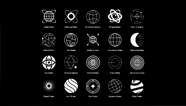 Abstract Geometric Orbs and Spheres Icon Set on Black Background