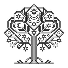 Fototapeta premium Tree icon with stars and moon, outline style, white background, vector illustration